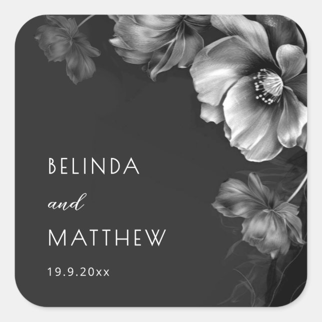Silver Black Floral | Wedding Square Sticker (Front)