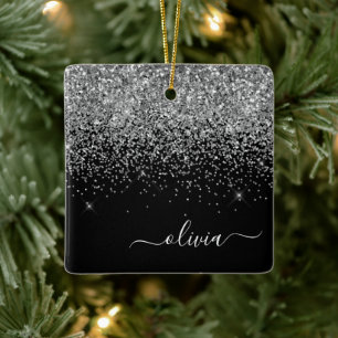 Silver Black Girly Glitter Sparkle Monogram Name Ceramic Ornament