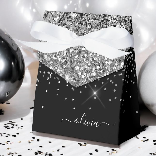 Silver Black Girly Glitter Sparkle Monogram Name Favour Box (Creator Uploaded)