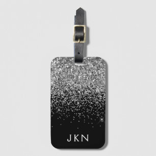 Silver Black Girly Glitter Sparkle Monogram Name Luggage Tag