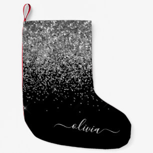 Silver Black Girly Glitter Sparkle Monogram Name Small Christmas Stocking
