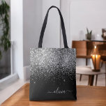 Silver Black Girly Glitter Sparkle Monogram Name Tote Bag<br><div class="desc">Black and Silver Faux Sparkle and Glitter Elegant Monogram Book Bag. This Book Bag can be customised to include your initial and first name and given as a gift for Christmas,  Sweet 16 Birthday,  Bridal Shower or a Wedding.</div>