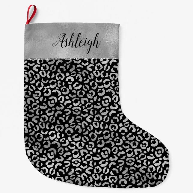 Silver Black Glam Leopard Print Large Christmas Stocking (Front)