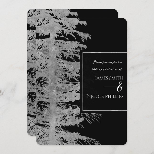 Silver Black Glam Pine Tree Rustic Forest Wedding Invitation (Front/Back)