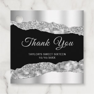 Silver Black Glam Tears Sweet Sixteen Thank You Favour Tags