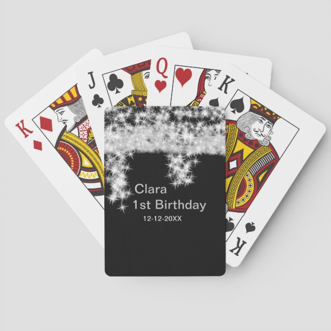 Silver black glitter add name birthday date year t playing cards (Back)