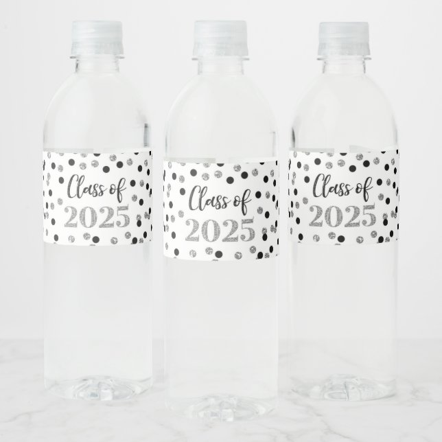 Silver Black Glitter Class of 2025 Graduation Water Bottle Label (Bottles)