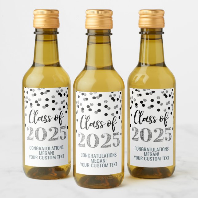 Silver Black Glitter Class of 2025 Graduation Wine Label (Bottles)