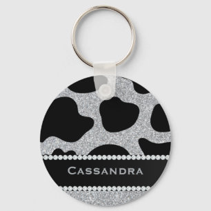 Silver & Black Glitter Cow Print Diamonds Name Key Ring