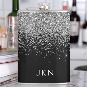 Silver Black Glitter Custom Monogram Name Hip Flask