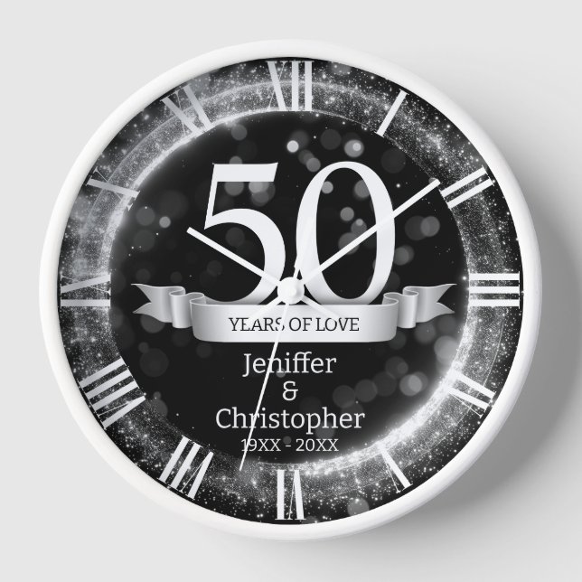 Silver Black Glitter Edit Year Wedding Anniversary Clock (Front)