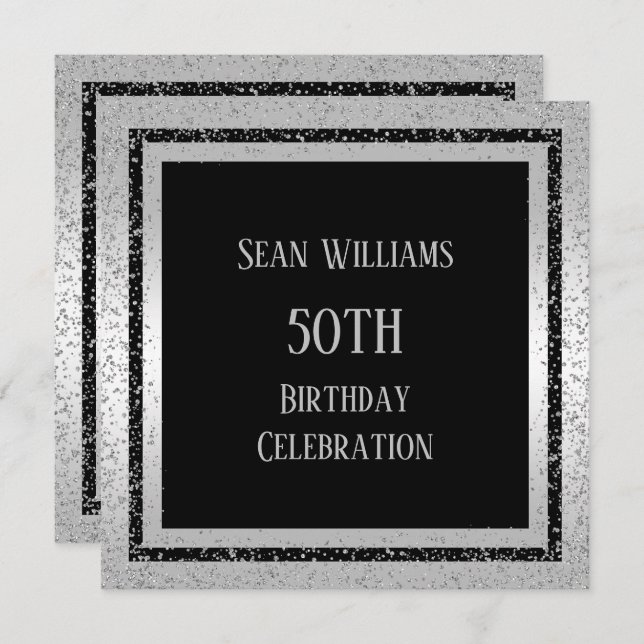 Silver & Black Glitter Framed Man's 50th Birthday Invitation (Front/Back)