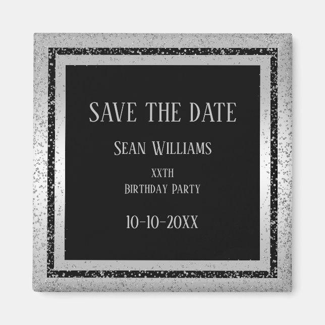 Silver & Black Glitter Framed Man's Save The Date Magnet (Front)
