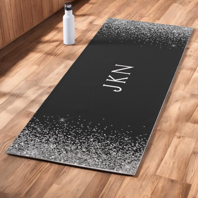 Silver Black Glitter Girly Monogram Initials Yoga Mat (Creator Uploaded)