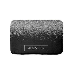 Silver Black Glitter Girly Monogram Name Bath Mat