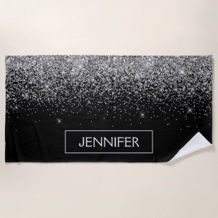 Silver Black Glitter Girly Monogram Name Beach Towel