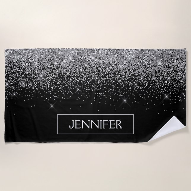 Silver Black Glitter Girly Monogram Name Beach Towel (Front)