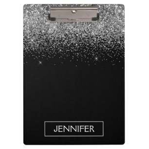 Silver Black Glitter Girly Monogram Name Clipboard