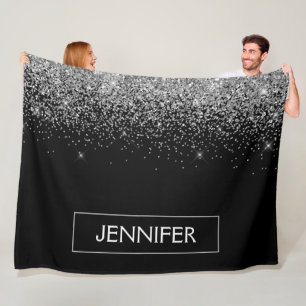 Silver Black Glitter Girly Monogram Name Fleece Blanket