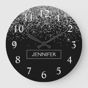 Silver Black Glitter Girly Monogram Name Large Clock