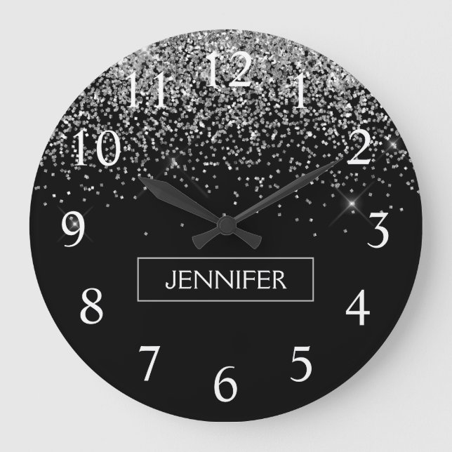 Silver Black Glitter Girly Monogram Name Large Clock (Front)