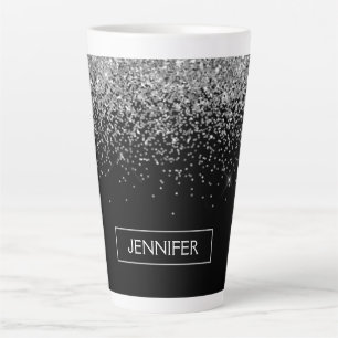Silver Black Glitter Girly Monogram Name Latte Mug