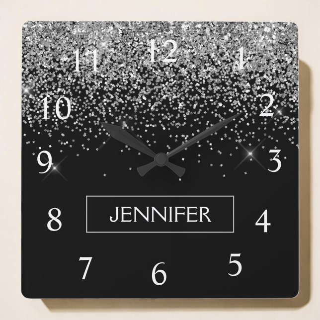 Silver Black Glitter Girly Monogram Name Square Wall Clock (Creator Uploaded)