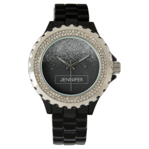 Silver Black Glitter Girly Monogram Name Watch