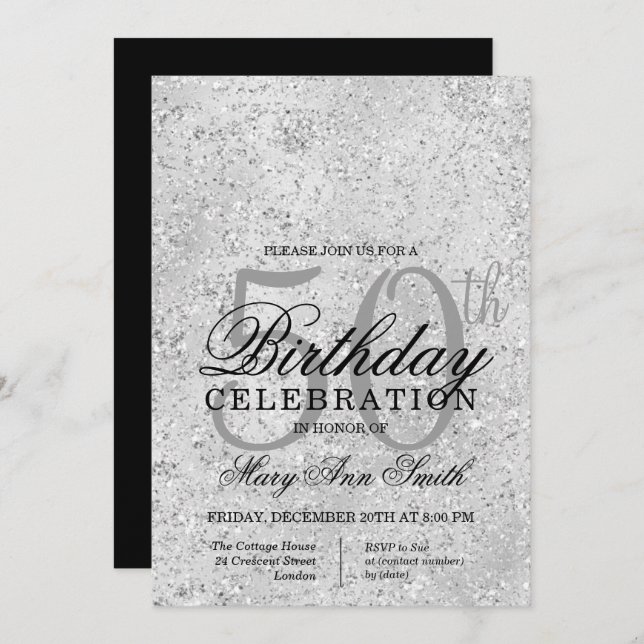 Silver & Black Glitter Glam 50th Birthday Party Invitation (Front/Back)