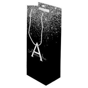 Silver Black Glitter Luxury Monogram Wine Gift Bag