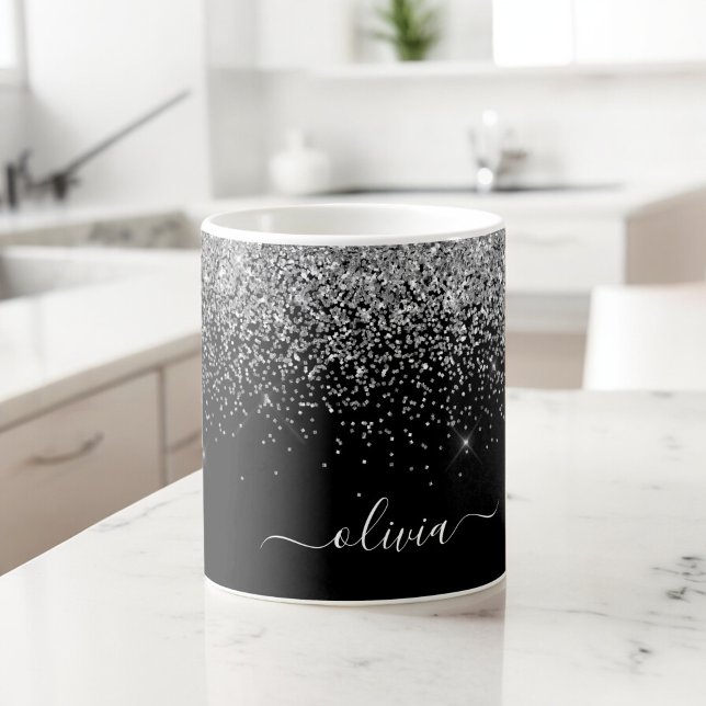 Silver Black Glitter Modern Monogram Name Large Coffee Mug (Creator Uploaded)
