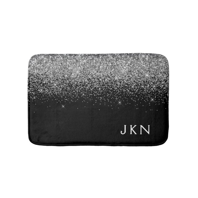 Silver Black Glitter Monogram Girly Name Initials Bath Mat (Front)