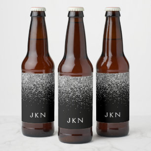 Silver Black Glitter Monogram Girly Name Initials Beer Bottle Label