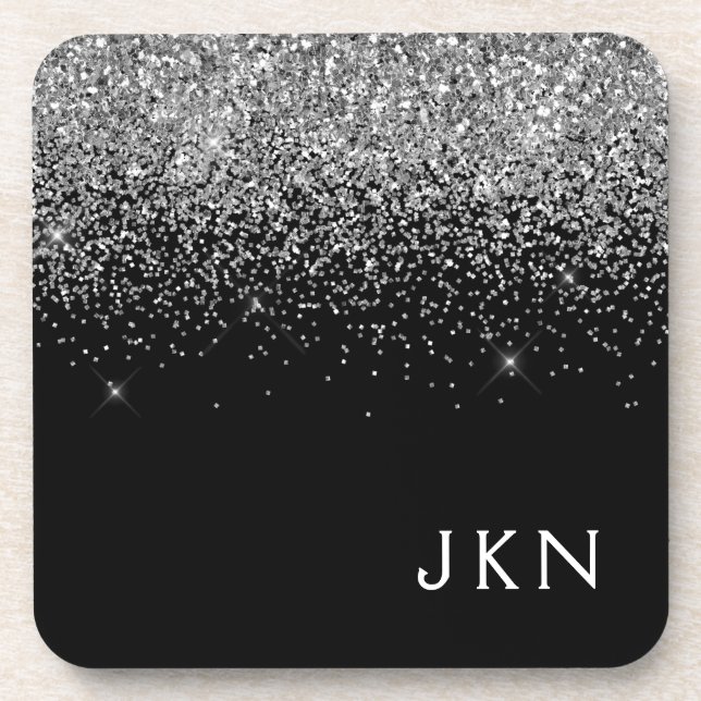 Silver Black Glitter Monogram Girly Name Initials Coaster (Front)