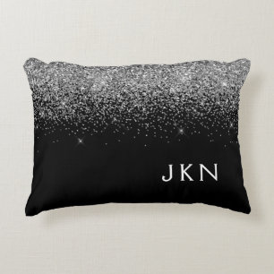 Silver Black Glitter Monogram Girly Name Initials Decorative Cushion