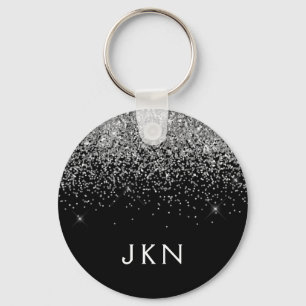Silver Black Glitter Monogram Girly Name Initials Key Ring