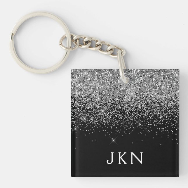 Silver Black Glitter Monogram Girly Name Initials Key Ring (Front)
