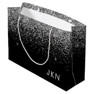 Silver Black Glitter Monogram Girly Name Initials Large Gift Bag