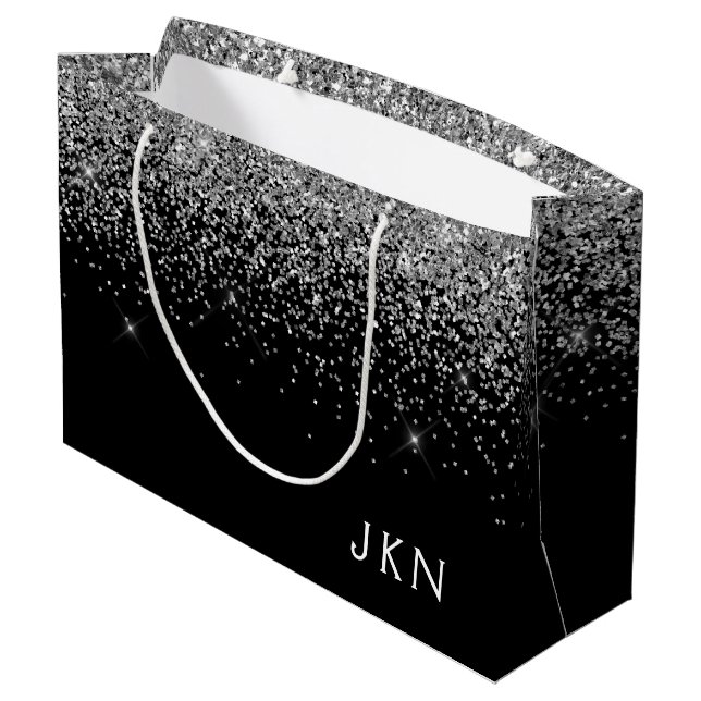 Silver Black Glitter Monogram Girly Name Initials Large Gift Bag (Back Angled)