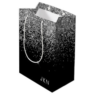 Silver Black Glitter Monogram Girly Name Initials Medium Gift Bag