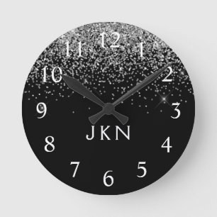 Silver Black Glitter Monogram Girly Name Initials Round Clock