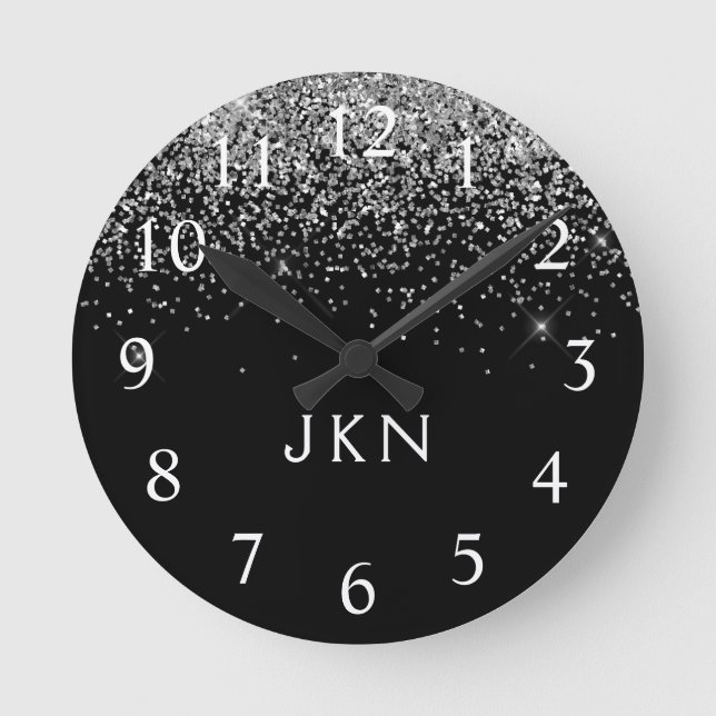 Silver Black Glitter Monogram Girly Name Initials Round Clock (Front)