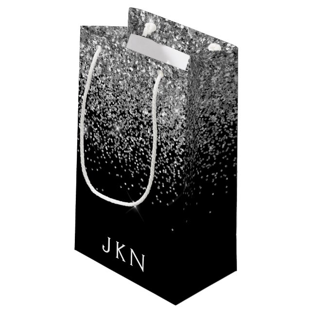 Silver Black Glitter Monogram Girly Name Initials Small Gift Bag (Back Angled)