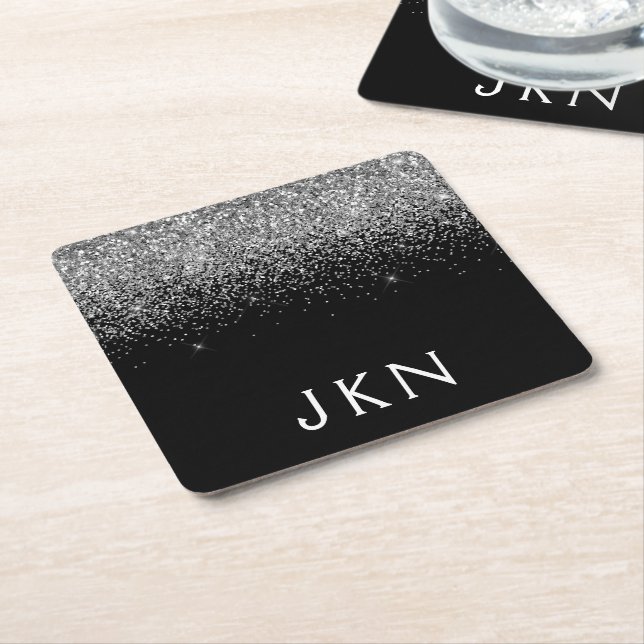 Silver Black Glitter Monogram Girly Name Initials Square Paper Coaster (Angled)