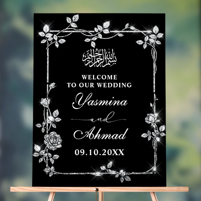 Silver Black Glitter Nikah Muslim Wedding Welcome Acrylic Sign (Neutral)