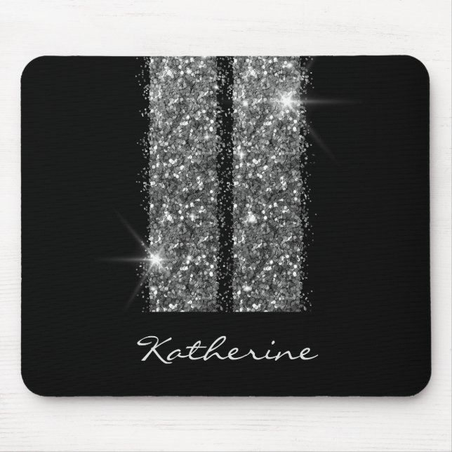Silver Black Glitter Racing Stripes with Name Mouse Pad (Front)