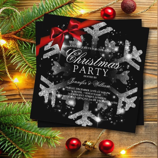 Silver Black Glitter & Ribbon | Xmas Holiday Party Invitation (Silver Black Glitter & Ribbon | Xmas Holiday Party Invitation)