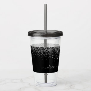 Silver Black Glitter Script Monogram Girly Name Acrylic Tumbler