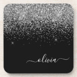 Silver Black Glitter Script Monogram Girly Name Coaster<br><div class="desc">Black and Silver Glitter Script Monogram Name Paper Coasters. This makes the perfect graduation,  birthday,  wedding,  bridal shower,  anniversary,  baby shower or bachelorette party gift for someone that loves glam luxury and chic styles.</div>