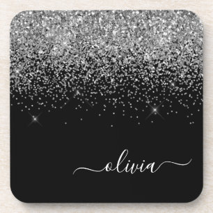 Silver Black Glitter Script Monogram Girly Name Coaster